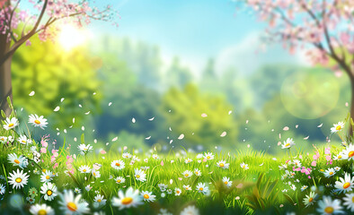 Wall Mural - Beautiful spring meadow with flowers and trees in sunny day. Background for banner, poster or invitation card with copy space. Blurred green grass field with daisies, blue sky and sun rays. Spring bac