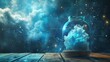 © JK_kyoto - A glass jar filled with a swirling cloud sits on a wooden table against a futuristic background