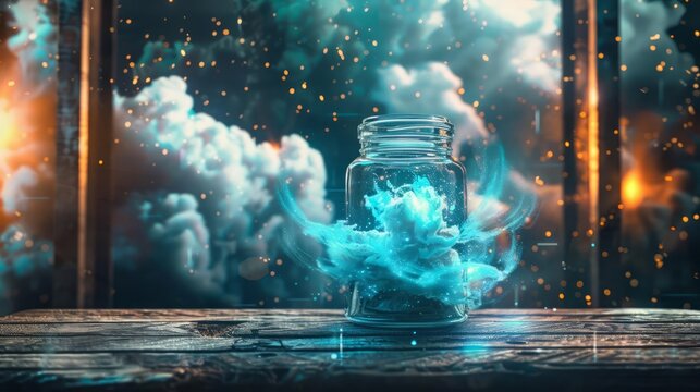 A glass jar filled with a swirling cloud sits on a wooden table against a futuristic background