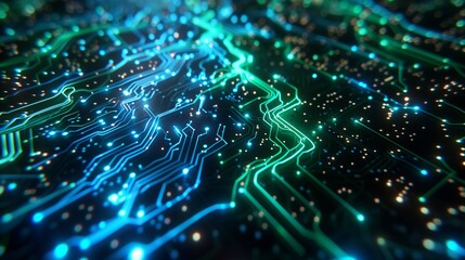 Wall Mural - A high-definition close-up of a digital data wallpaper background, featuring intricate patterns of glowing circuitry and data points in electric blue and green, against a deep, dark backdrop.