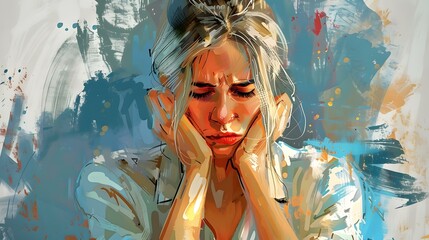 Wall Mural - Portrait of a young woman with blond hair and blue eyes, wearing a white shirt, with her hands on her face, with a colorful abstract background