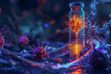 Wall Mural - An enigmatic illustration where a vial filled with a glowing liquid is placed atop a futuristic, threedimensional virus model, revealing hidden details