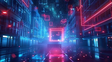 UHD 4K image capturing a vibrant glowing cube in the midst of a city night