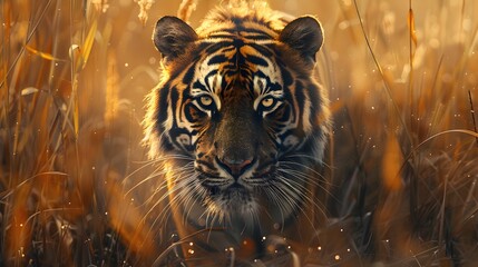 Canvas Print - Majestic Tiger Prowling Through Tall Grass Its Piercing Eyes and Glistening Fur in Vibrant Sunlight