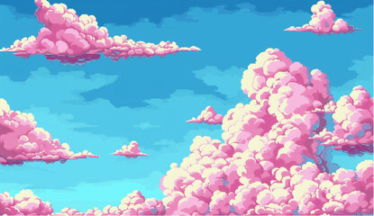 Wall Mural - 8-bit pixel art sprite sheet of pink fluffy clouds against a blue sky background