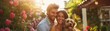© suratin - A young couple smiling and playing with their dog in a sunlit backyard garden filled with blooming flowers and a charming wooden swing set.