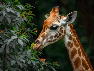 Poster - Graceful giraffe with intricate patterns reaching up to munch on leaves from a tall tree in its natural wildlife habitat