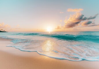 Wall Mural - Golden Sunrise Over Gentle Ocean Waves, Peaceful Beach Scene at Early Morning