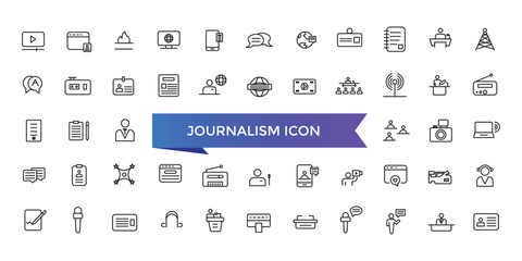 Wall Mural - Journalism icon collection. Related to journalist, news, microphone, interview, reporter, podcast, press badge, newspaper and radio. Line icons set.
