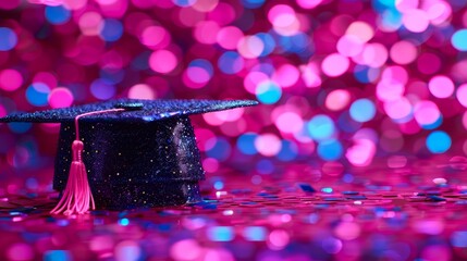 Wall Mural -  A purple graduation cap atop a glittering ground in shades of purple and pink, adorned with confetti, and two tassels - one blue, the other pink