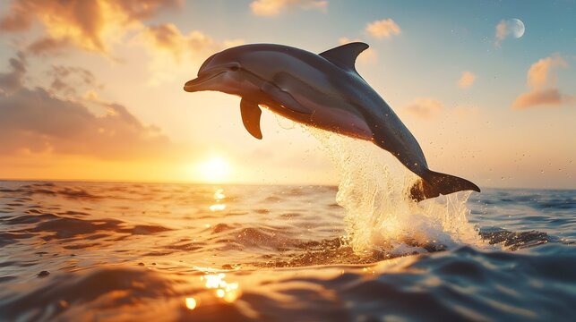 Majestic Dolphin Leaping Against Vibrant Sunset Seascape