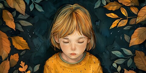 Poster - Little girl with freckles and blond hair surrounded by colorful leaves