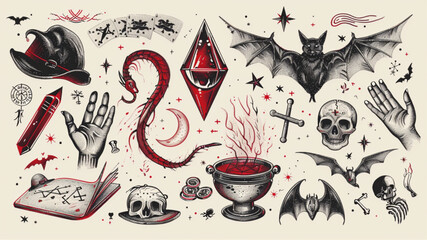 Wall Mural - A vintage-style tattoo flash sheet of magic symbols, objects and hand gestures for tarot reading or fortune telling in red ink on a cream background