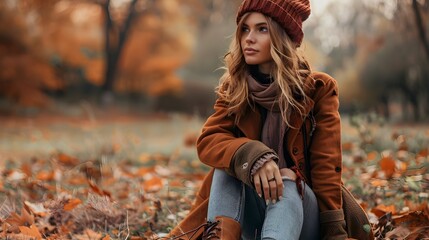 Fashionable Woman in Cozy Autumn Attire Posing in Scenic Park