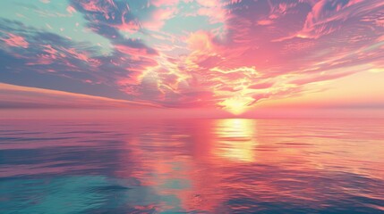 Wall Mural - In a futuristic world, a beautiful sunset creates a stunning gradient in the sky above a calm, serene sea