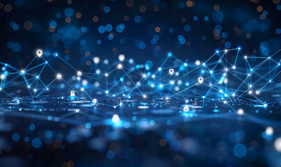 A digital network of interconnected icons represents various marketing cornerstones such as social media, search engine rankings, and e-commerce elements.