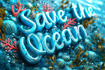 Wall Mural - Underwater-themed save the ocean message in colorful paper art with coral and marine life. World Ocean Day.