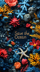 Wall Mural - Colorful paper art with marine flora and fauna emphasizing save the ocean message. World Ocean Day.