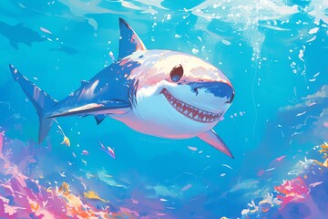 Wall Mural - Super cute illustration of a shark swimming in the ocean, vibrant colors, soft focus, detailed fur texture, happy and playful mood