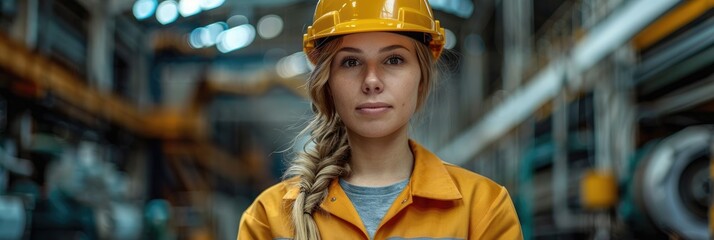 Wall Mural - Young female engineer wearing a yellow hard hat and reflective jacket, standing confidently in an industrial factory setting.