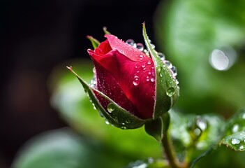 Wall Mural - AI generated illustration of a budding red rose surrounded by lush green leaves