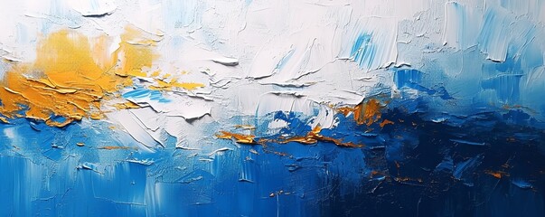 Abstract rough blue white gold art painting texture background illustration, with oil brushstroke and pallet knife paint on canvas, Generative AI