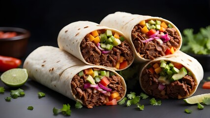 Wall Mural - Multiple beef burritos arranged on a black surface, showcasing the colorful vegetables and succulent beef inside.
