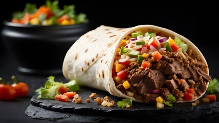 Wall Mural - A beef burrito overflowing with vegetables and tender beef, placed on a black background for a striking contrast.