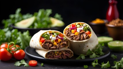 Wall Mural - Juicy beef burritos stuffed with fresh vegetables, presented on a black background, highlighting the vibrant colors of the ingredients.