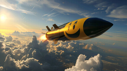 Playful Missile: Smiley-Faced Rocket Soaring Through the Sky