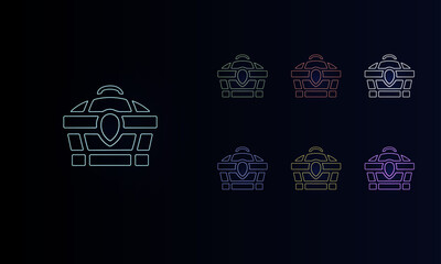 Wall Mural - A set of neon treasure chest symbols. Set of different color symbols, faint neon glow. Vector illustration on black background