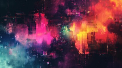 Wall Mural - A dynamic digital glitch background showcasing bright, neon colors against a black backdrop.