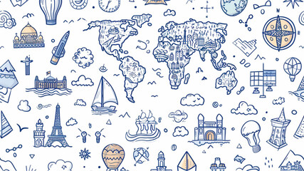 Wall Mural - 
geography, map doodle seamless pattern with icons of the world and landscape elements on white background