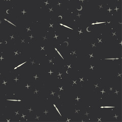 Seamless pattern with stars, artistic brush symbols on black background. Night sky. Vector illustration on black background
