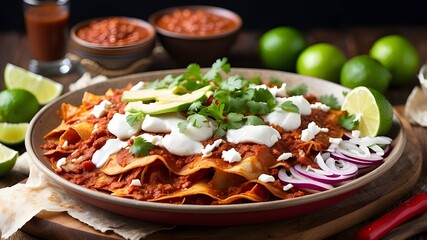 Wall Mural - Traditional chilaquiles rojos in a rich red sauce, accompanied by refried beans, onions, and a wedge of lime