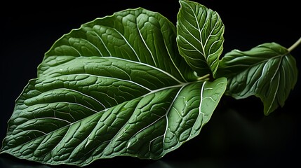 A perfectly shaped green leaf with detailed veins, set against a solid dark green background#2 @BAN ME?
