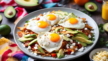 Wall Mural - Colorful chilaquiles topped with sunny-side-up eggs, sliced avocado, and a sprinkle of queso fresco, served on a festive table.