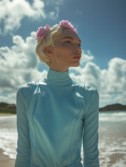 Sunset elegance: portrait of a blonde woman in blue dress with pastel flowers by the beach. Fashion summer or spring photography shooting for magazine.