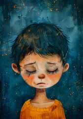 Wall Mural - Sad Boy with Watercolor Style and Blue Background