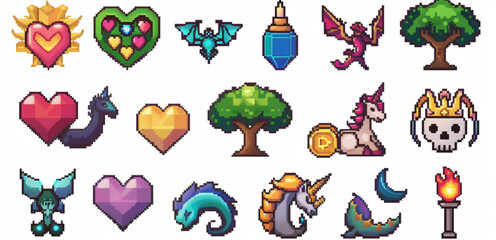 Wall Mural - 
pixel art retro video game style icons and assets for fantasy adventure rpg mobile app, unicorn character portrait with heart crown gem gold coin
