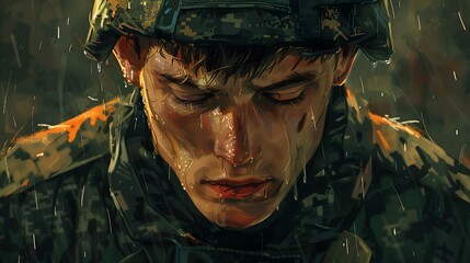 Wall Mural - A soldier with a wet face and a camouflage helmet on his head.