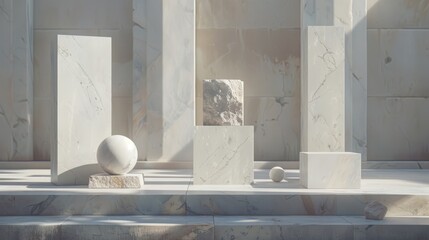 Wall Mural -  A collection of white marble blocks atop a cement floor Nearby, a white ball rests atop a separate block of cement, and a solitary block of white marble sits beside them