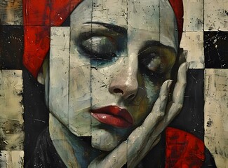 Wall Mural - A portrait of a crying woman with a red scarf on her head