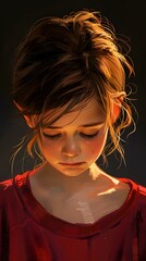 Wall Mural - Portrait of a crying girl with brown hair and red shirt