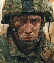 Portrait of a soldier wearing a camouflage helmet