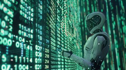 A robot is standing in front of a computer screen with a lot of numbers on it