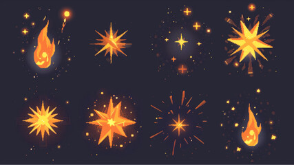 set of pixel art star sparks, fire and sparkles game assets on dark background
