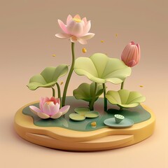 Poster - 3D isometric illustration of Lotus and lotus leaf scene