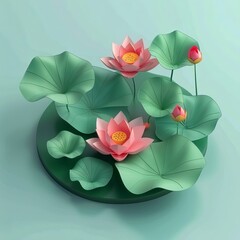 Poster - 3D isometric illustration of Lotus and lotus leaf scene