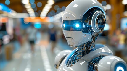  A robot, positioned in a room's center, sports a blue light atop its head and another on its face, both emitting a radiant glow